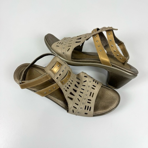 Naot Footwear Women’s Sz 7-7.5 Vogue Leather Ankle Strap Sandal Linen Beige Gold - Picture 1 of 8